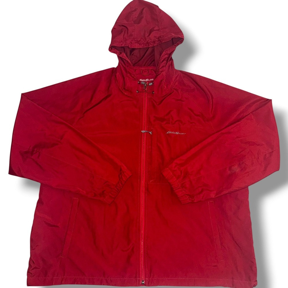 Eddie Bauer Windbreaker Mens XXL Red Hooded Full Zip Packable Active Jacket